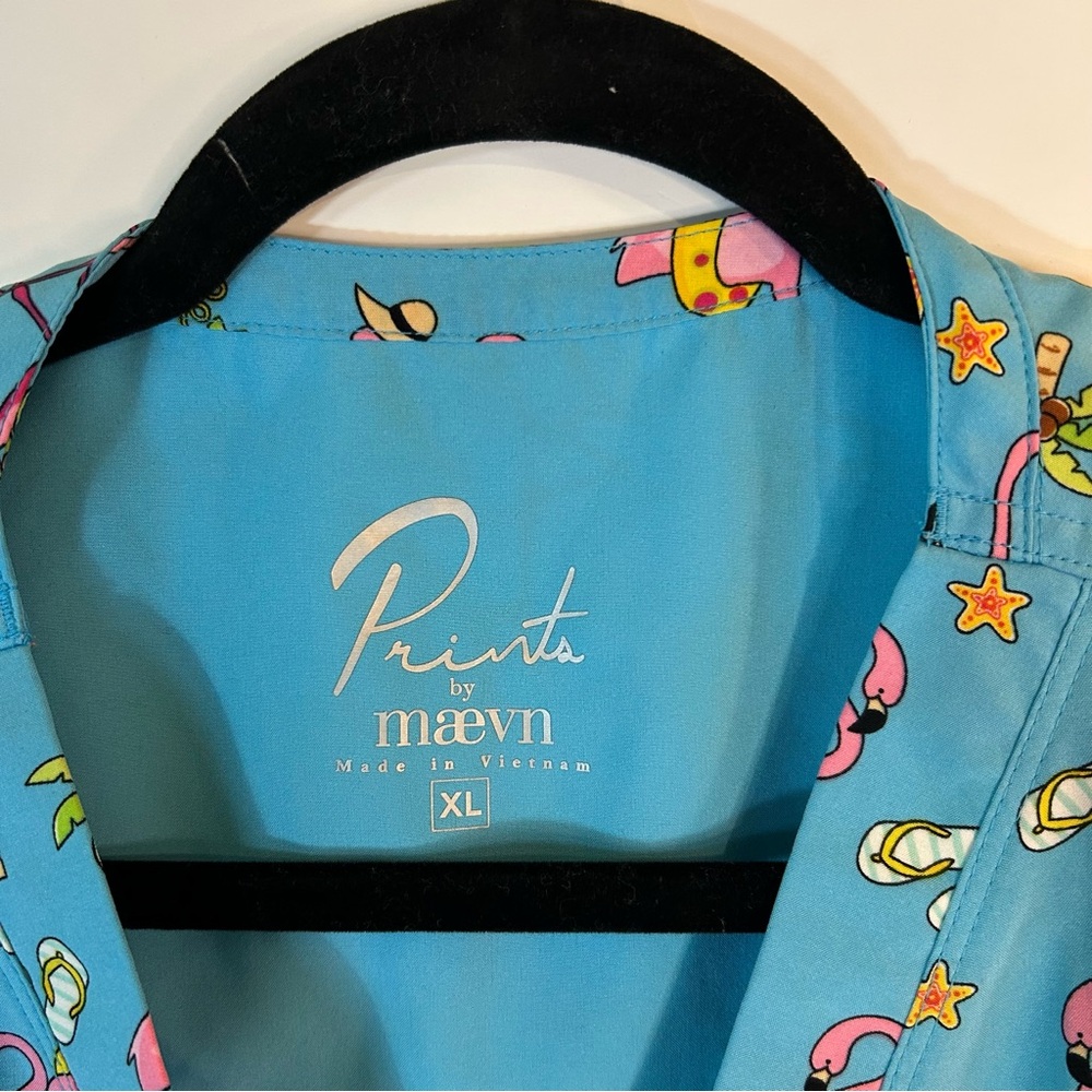 Blue Mandarin Collar Scrub top Shirt with Tropical Print